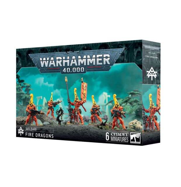 Packaging for Warhammer 40,000 Aeldari Fire Dragons miniatures, featuring the miniatures in a battle pose with a vibrant, fiery backdrop.