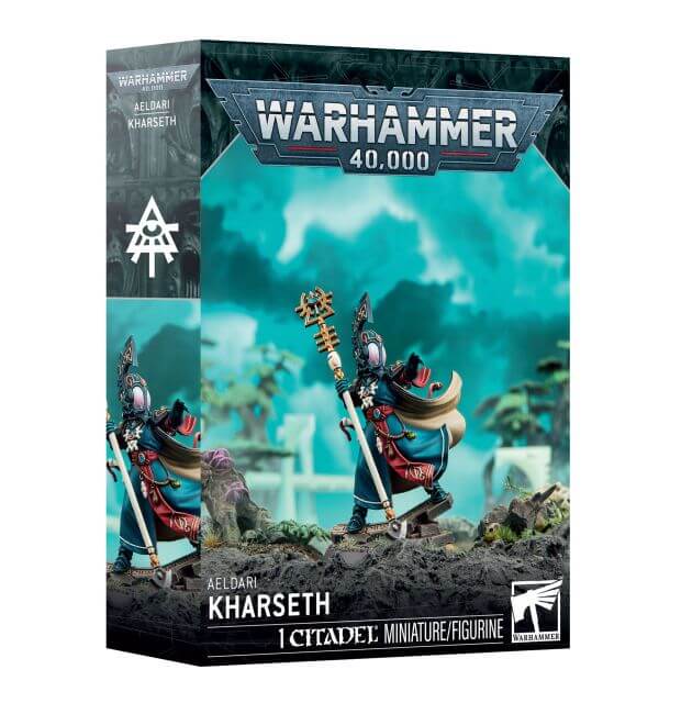 Warhammer 40,000 Aeldari Kharseth miniature figurine packaging with scenic background