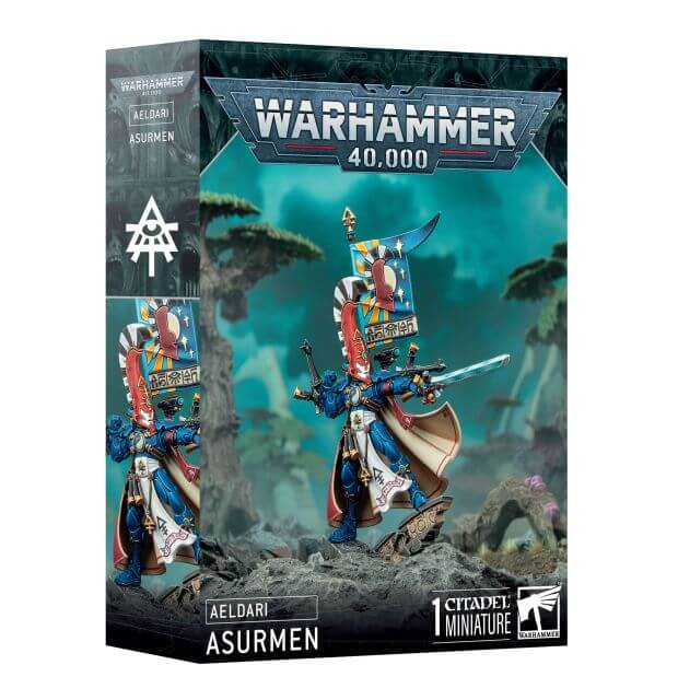 Packaging for Warhammer 40,000 Aeldari Phoenix Lord Asurmen miniature, featuring the assembled and painted figure on the box art.