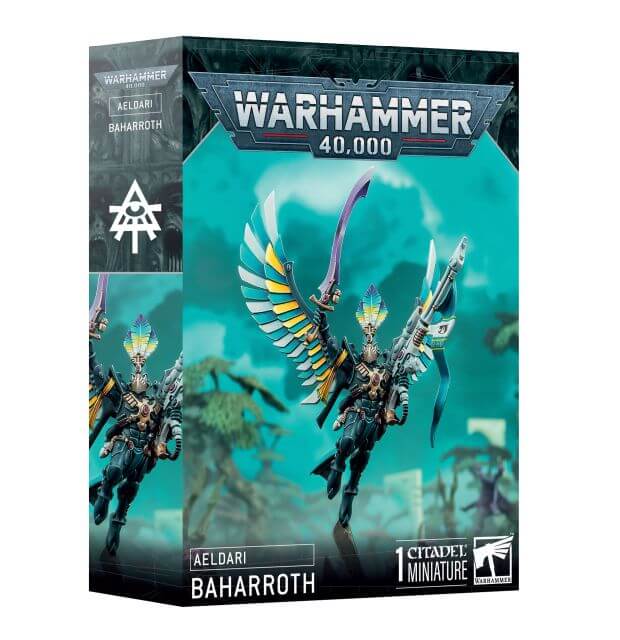 Packaging for Warhammer 40,000 Aeldari Phoenix Lord Baharroth miniature, featuring the assembled and painted model on the front.