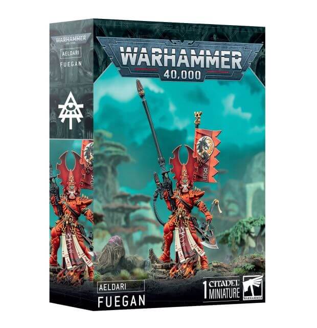 Packaging for Warhammer 40,000 Aeldari Phoenix Lord Fuegan miniature, featuring the assembled and painted figure on the box art.