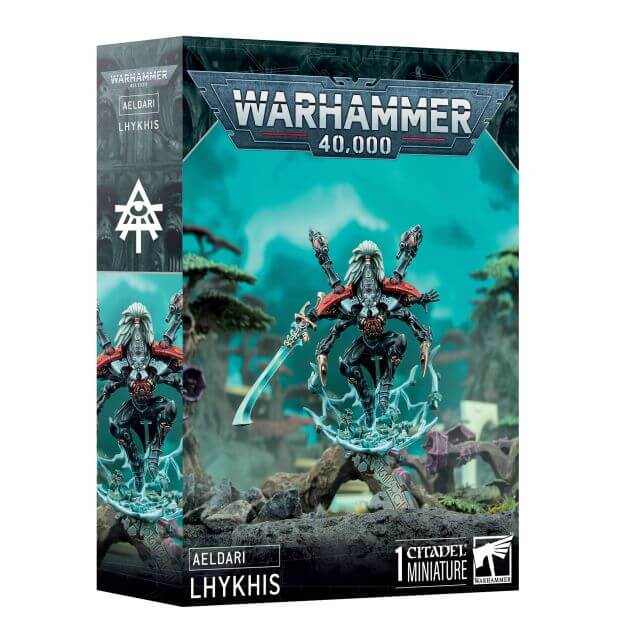 Packaging for Warhammer 40,000 Aeldari Phoenix Lord Lhykhis miniature, featuring the assembled and painted figure on the box art.