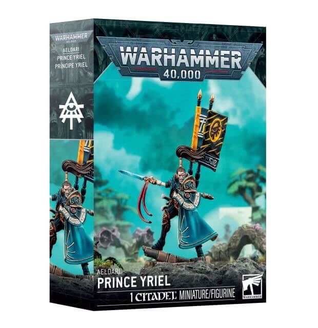 Warhammer 40,000 Prince Yriel miniature figure packaging with detailed artwork on a white background