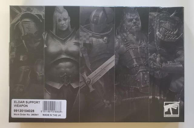 Packaging for Warhammer 40,000 Aeldari Support Weapon miniature kit featuring logos and product name.