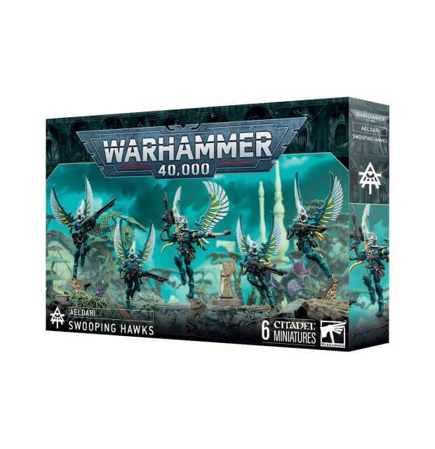 Box packaging for Warhammer 40,000 Aeldari Swooping Hawks miniatures, featuring five winged warriors in flight against a cosmic backdrop.