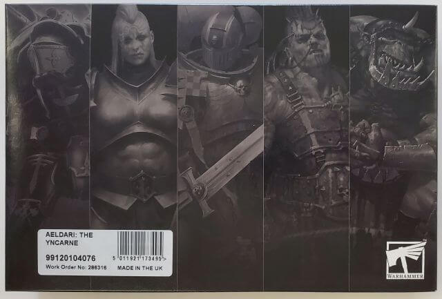 Packaging for Citadel Warhammer 40,000 Aeldari Yncarne miniature kit featuring logos and product name.