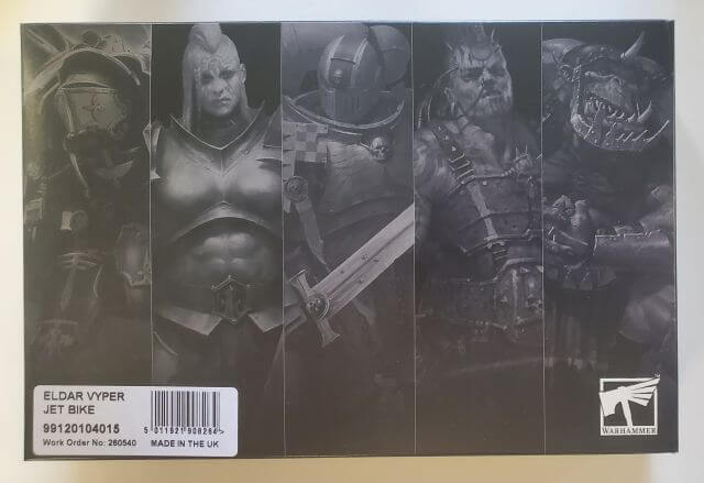 Packaging for Warhammer 40,000 Aeldari Vyper Jet Bike miniature kit featuring logos and product name.