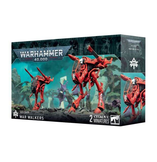 Product packaging for Warhammer 40,000 War Walkers miniatures, featuring a red Aeldari War Walker with multiple weapon options displayed on the box cover.