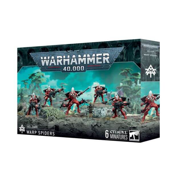 Box packaging for Warhammer 40,000 Aeldari Warp Spiders miniature figures featuring artwork with the miniatures visible on the front.
