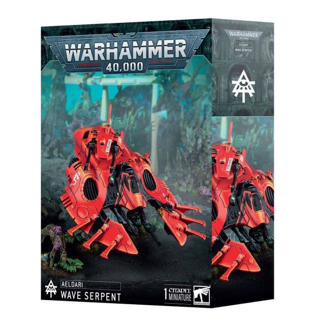 Packaging for the Warhammer 40,000 Aeldari Wave Serpent miniature, featuring the assembled and painted model in a vibrant red color with multiple armaments.