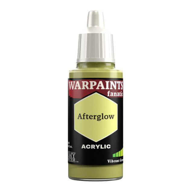 A bottle of Warpaints Fanatic Afterglow acrylic paint in a greenish yellow shade.