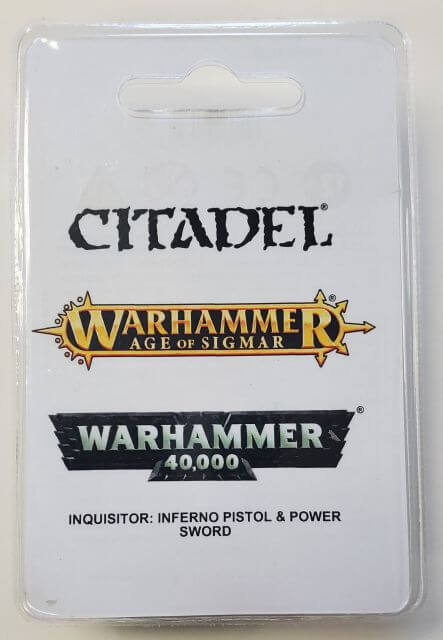 Packaging for Warhammer 40,000 Inquisitor model kit by Citadel, featuring an unpainted resin model of an Inquisitor with an Inferno Pistol and Power Sword on a 25mm round base.