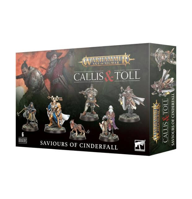 Product packaging for Age of Sigmar Callis and Toll Saviours of Cinderfall miniature figures, showing various character miniatures.