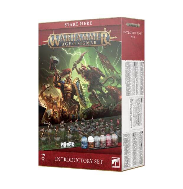 The image shows the Warhammer Age of Sigmar Introductory Set product packaging. It features a box with a fantasy-themed game setup, including miniature figures and rulebook.