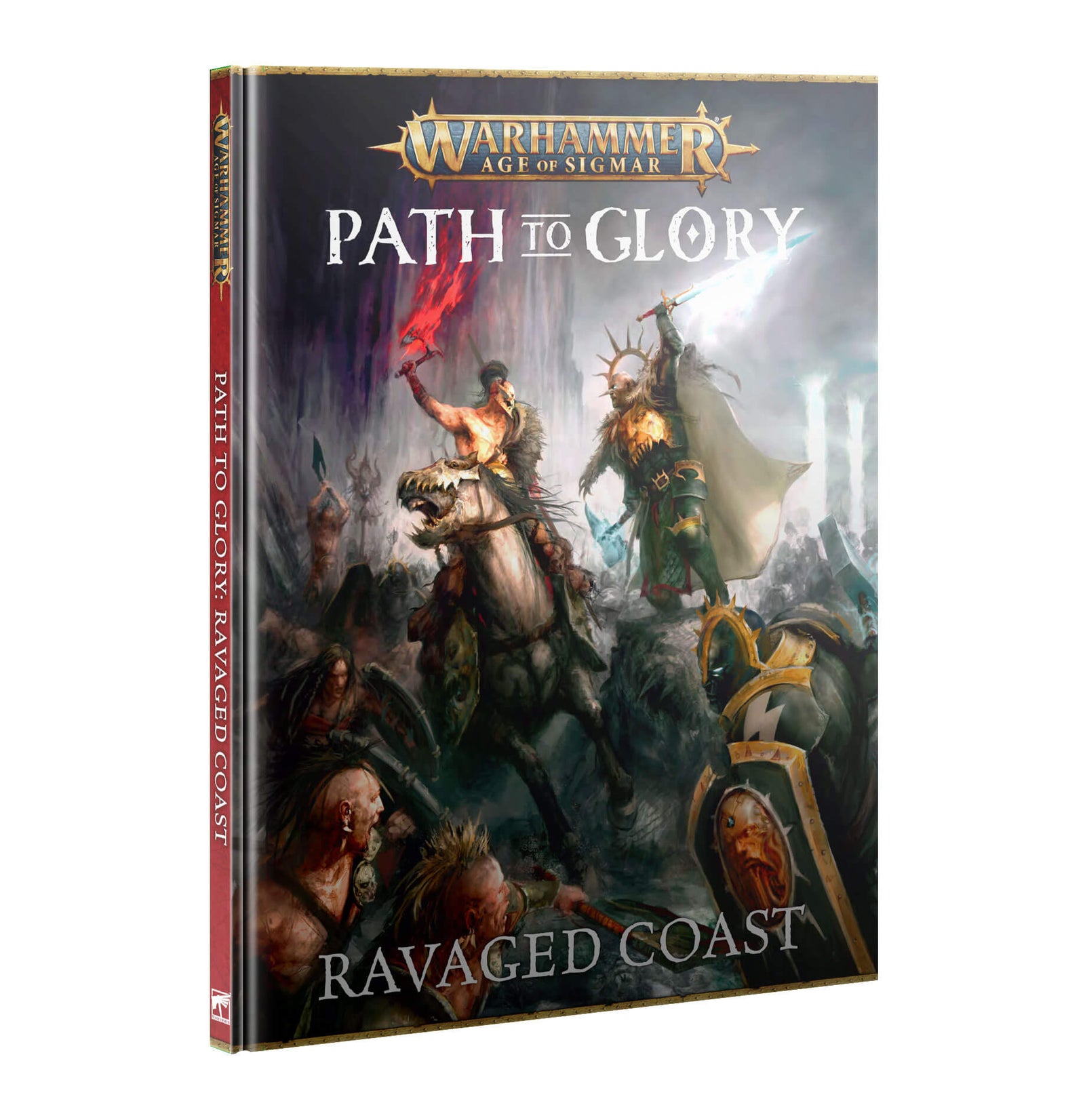 Cover of the Warhammer Age of Sigmar: Path to Glory Ravaged Coast hardback book showing fantasy warriors and a dragon on a cover with a dark, foreboding background.