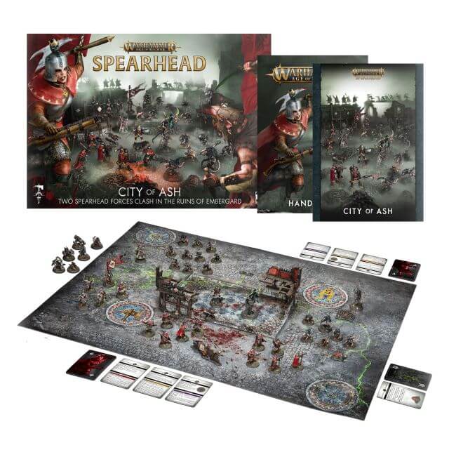 Warhammer Age of Sigmar game box showing the board and various models.