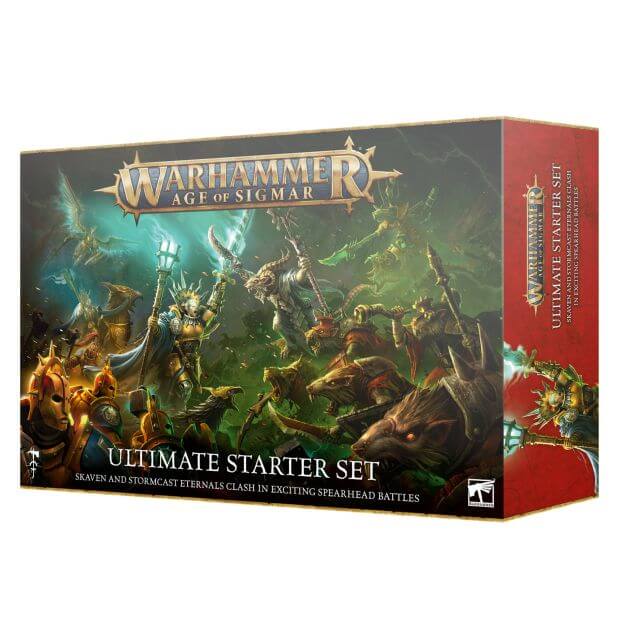 Packaging for the Age of Sigmar Ultimate Starter, showing Skaven and Stormcaste characters preparing for battle. 