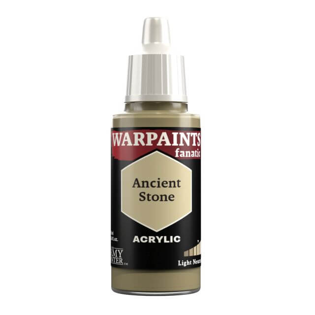 A bottle of Warpaints Fanatic craft paint in the shade Ancient Stone, which is a pale olive brown color.