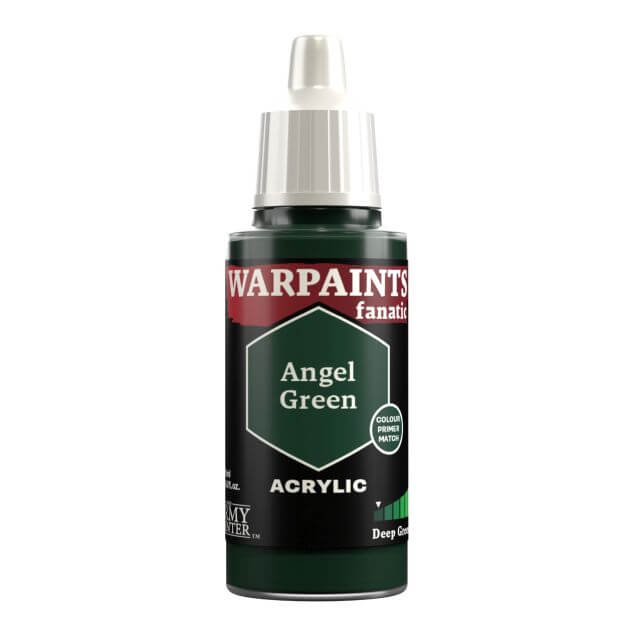 A bottle of Warpaints Fanatic Angel Green acrylic paint.