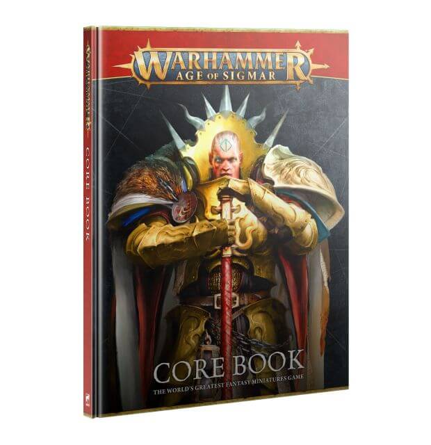 Cover of the Warhammer Age of Sigmar 4th Ed Core Rulebook featuring an illustration of a fantasy character on a book with a black, red, and gold color scheme.