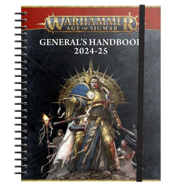 Cover of the Warhammer Age of Sigmar General's Handbook 2024-25 featuring an illustrated character in a fantasy setting.