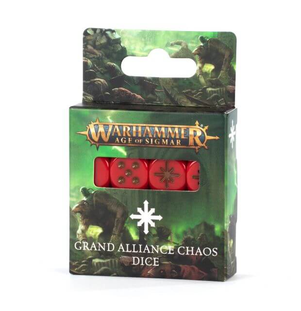 Packaging for Warhammer Age of Sigmar Grand Alliance Chaos Dice, featuring a box with game-themed artwork and red dice with metallic orange pips visible through a clear plastic window.