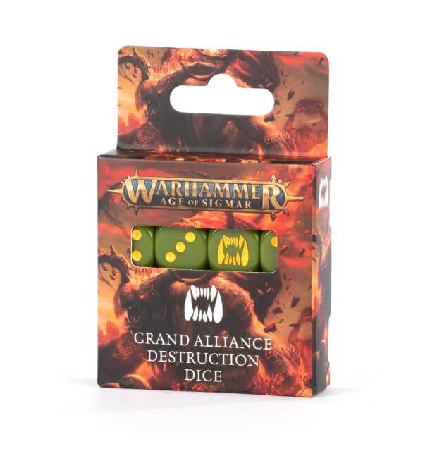 Packaging for Warhammer Age of Sigmar Grand Alliance Destruction Dice, featuring a box with thematic artwork and green dice with yellow pips visible through a window on the box.