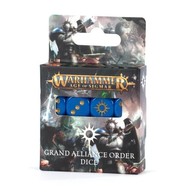 Packaging for Warhammer Age of Sigmar Grand Alliance Order Dice, featuring a box with game-themed artwork and a clear window showing the blue dice with gold-colored pips.