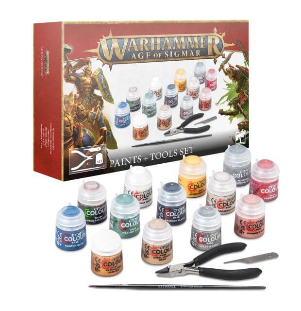Packaging for the Age of Sigmar paint set showing several paints and modeling tools. 