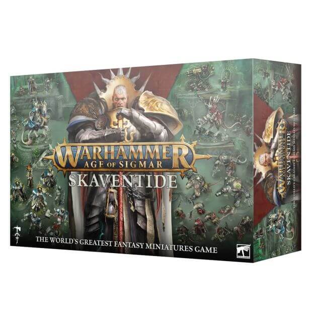 Boxed set of Warhammer Age of Sigmar Skaventide miniature game, featuring various fantasy creatures and warriors on the cover.