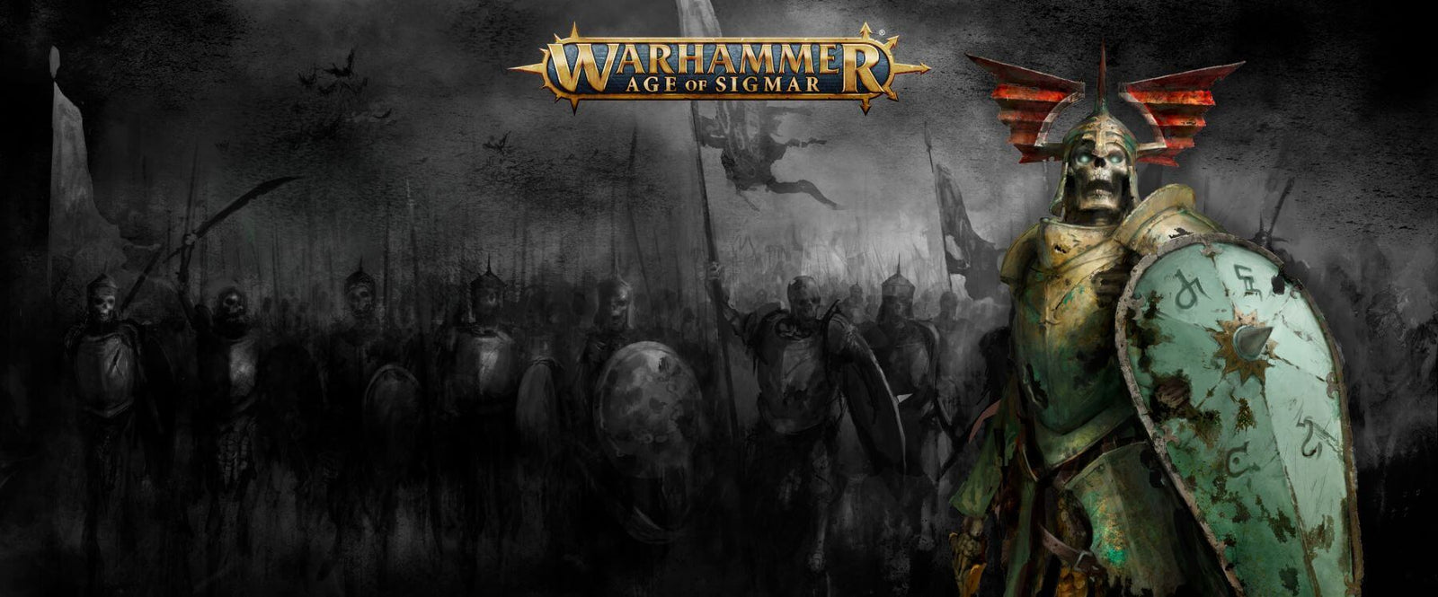 Image of the Age of Sigmar faction Soulblight Gravelords, one of the Armies of Death. An armored skeleton holding a kite shield is in front and a horde of skeletons is slightly out of focus. 