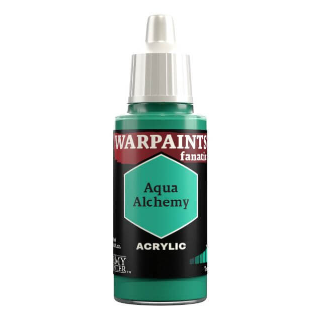 A bottle of Warpaints Fanatic: Aqua Alchemy craft paint in a bluish green color.