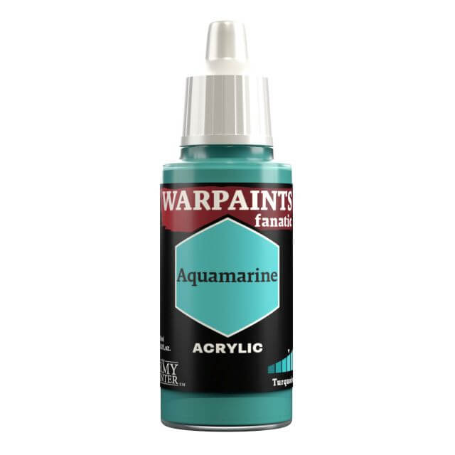 A bottle of Warpaints Fanatic: Aquamarine craft paint in a brilliant greenish blue color.