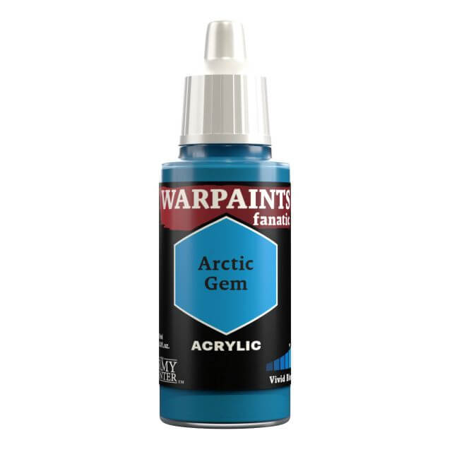 A bottle of Warpaints Fanatic craft paint in the color Arctic Gem, which is a brilliant blue.