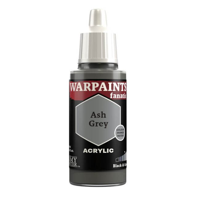 A bottle of Warpaints Fanatic Ash Grey acrylic paint.