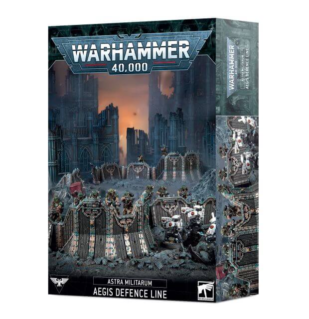 Product packaging for Warhammer 40,000 Astra Militarum Aegis Defence Line, featuring images of the modular plastic miniatures intended for assembly.