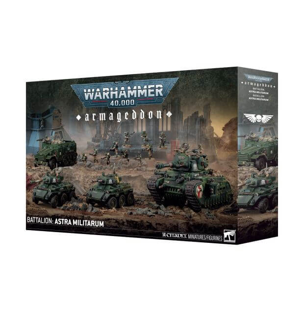 Warhammer 40,000 Armageddon game box with military vehicles and figures on a dark background