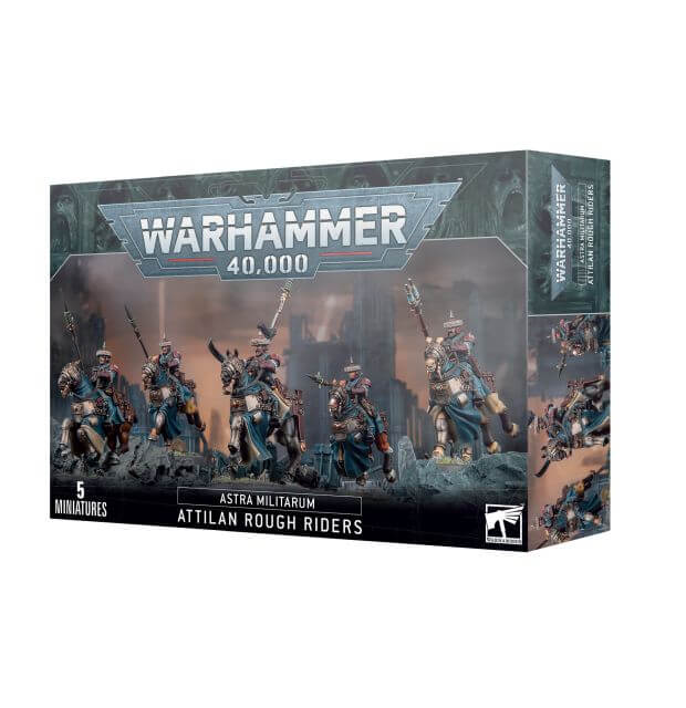 Packaging for Warhammer 40,000 Astra Militarum Attilan Rough Riders miniature figures, featuring illustrations of the characters on horses, equipped with armor and weapons.
