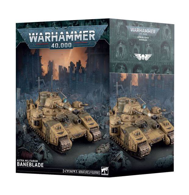 Warhammer 40,000 Astra Militarum Baneblade tank miniatures figures box set, featuring two tan armored tanks on the front cover art against a dark ruined city background.