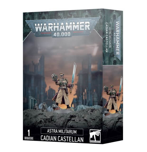 Product packaging for Warhammer 40,000 Astra Militarum Cadian Castellan miniature, featuring the assembled and painted model on a base, with a cityscape background.