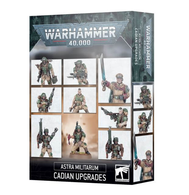Product packaging for 'Astra Militarum Cadian Upgrades' featuring images of five miniature figures equipped with various gear and weapons, from a Warhammer 40,000 game collection.