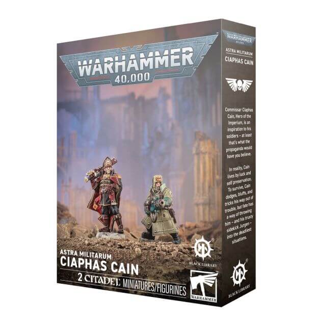 Warhammer 40,000 Astra Militarum Ciaphas Cain miniatures packaging with two figures on a desert landscape.