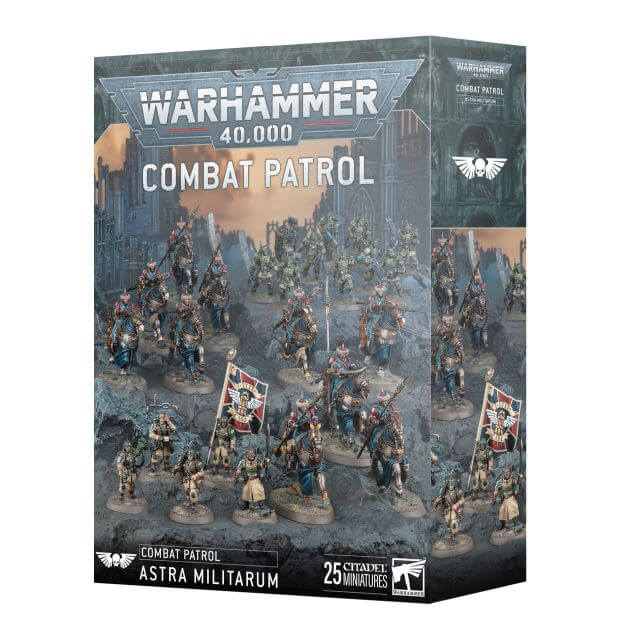A product packaging for Warhammer 40,000 Combat Patrol Astra Militarum, featuring illustrations of miniature figures.