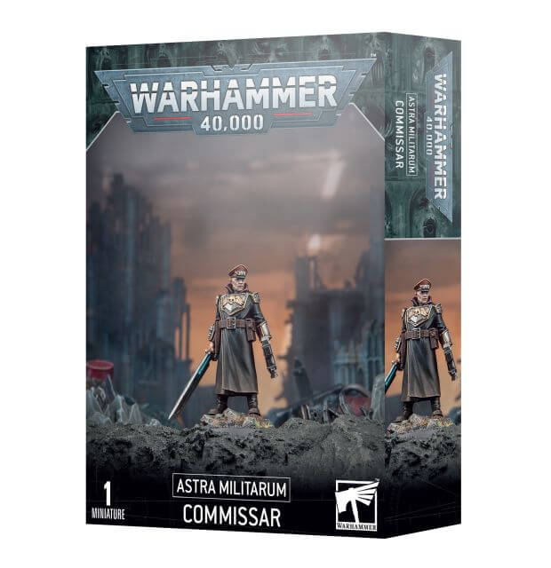 Packaging for the Warhammer 40,000 Astra Militarum Commissar miniature, featuring the assembled and painted model standing on a rugged terrain, with the product name and Games Workshop logo visible.