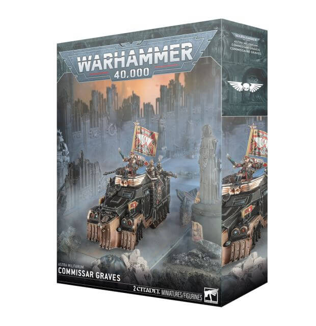 Warhammer 40,000 game box with a large vehicle and cityscape on the cover