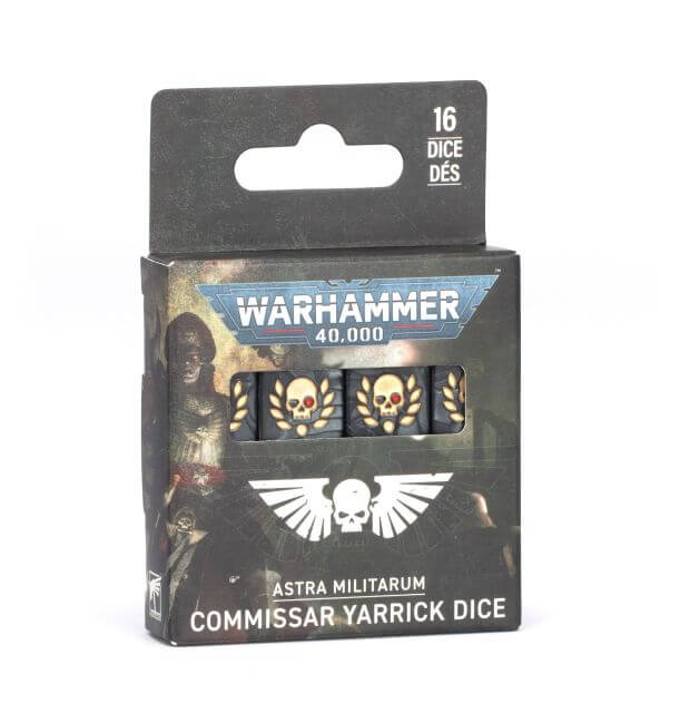 Packaged dice set for Warhammer 40,000 with visible branding and design elements.
