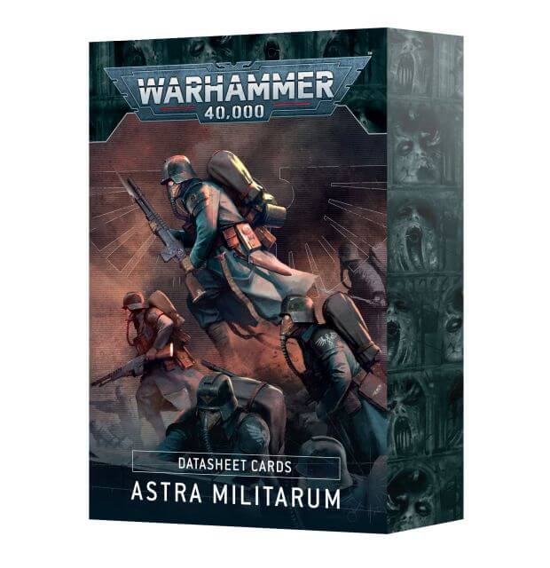 Packaging for Astra Militarum Datasheet Cards featuring illustrations of armoured figures in a combat setting, indicative of a tabletop gaming product.