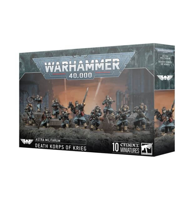 Packaging for Warhammer 40,000 Astra Militarum Death Korps of Krieg game set, featuring miniature figures.