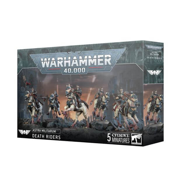 Box packaging for Warhammer 40,000 Astra Militarum Death Riders miniature figures featuring five riders on mechanical horses.