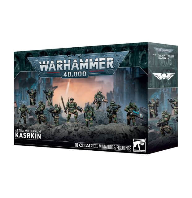 Warhammer 40,000 Astra Militarum Kasrkin 10-piece miniature figurines box, featuring illustrated green space marine miniatures on a dark, rocky battlefield background.